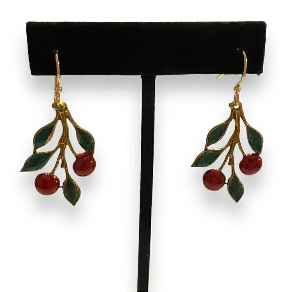 Vintage Enamel Cherry Dangle Hook Earrings